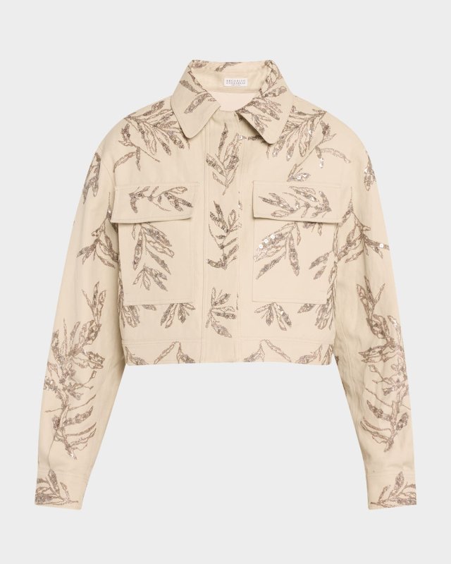 Herbarium Paillette Embroidered Canvas Crop Shirt Jacket